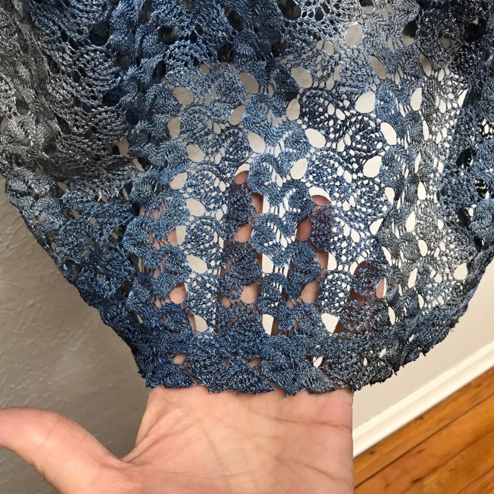 Catherines Blue Gray Crochet Tunic Open Weave Topper Size 1X Pullover 3/4 Sleeve - Picture 4 of 7